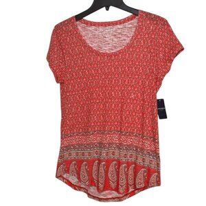 Lucky Brand Red Floral Mix Border Boho Top Pullover T-Shirt sz S
